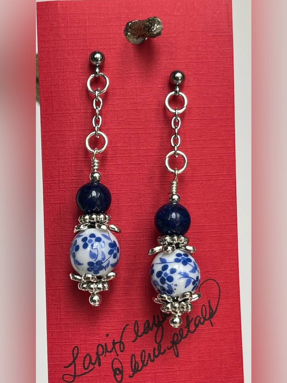 Hand Crafted Lapiz Lazuli Floral Ceramic Drop Earrings with Silver Tone Accents